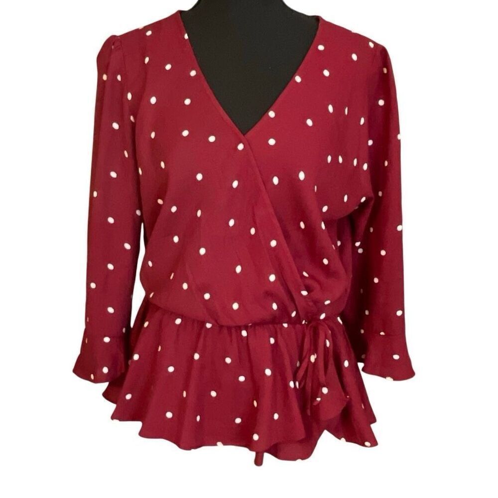 Everly Women’s Wrap Around Low cut 3/4 Sleeve Polka-Dot Blouse/Top